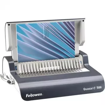 Fellowes Quasar-E 500 elektriskā caurumojamā un iesiešanas iekārta, 20 lapu caurumošana, 500 lapu iesiešanas jauda, A4, 21 taisnstūra caurums, regulējama mala, metāla/plastmasas korpuss, liela atkritumu paplāte