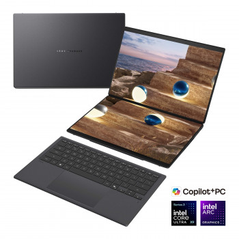 ASUS Zenbook Duo UX8407AA-SN066W 14 inch OLED Skārienjūtīgs 3K 144Hz Klēpjdators, Intel Core Ultra 9 388H, 32GB LPDDR5X, 2TB SSD, Intel Arc Graphics, Windows 11 Home, Moher Gray