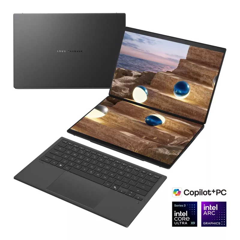 ASUS Zenbook Duo UX8407AA-SN066W 14 inch OLED Skārienjūtīgs 3K 144Hz Klēpjdators, Intel Core Ultra 9 388H, 32GB LPDDR5X, 2TB SSD, Intel Arc Graphics, Windows 11 Home, Moher Gray