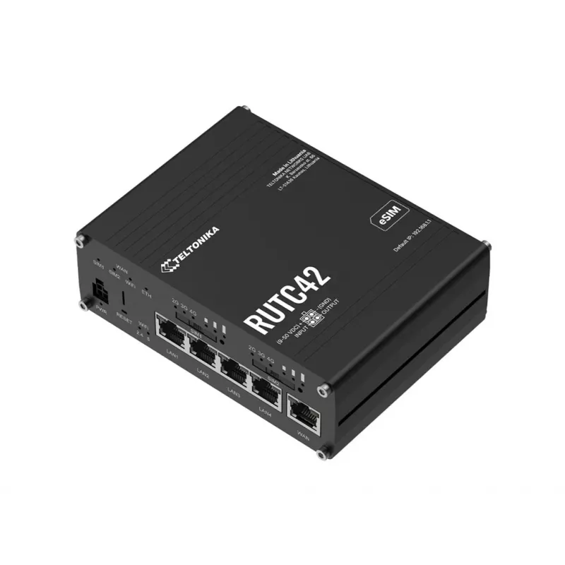 Teltonika RUTC42 5G NR bezvadu maršrutētājs ar 4 portu Gigabit slēdzi, divu joslu Wi-Fi 5, diviem SIM, GNSS, alumīnija korpusu