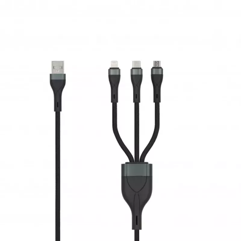 SEEK TOTI USB A uz Micro USB / USB-C / Lightning 1,5m Pīts Kabelis 2A (Ne-MFI) Melns