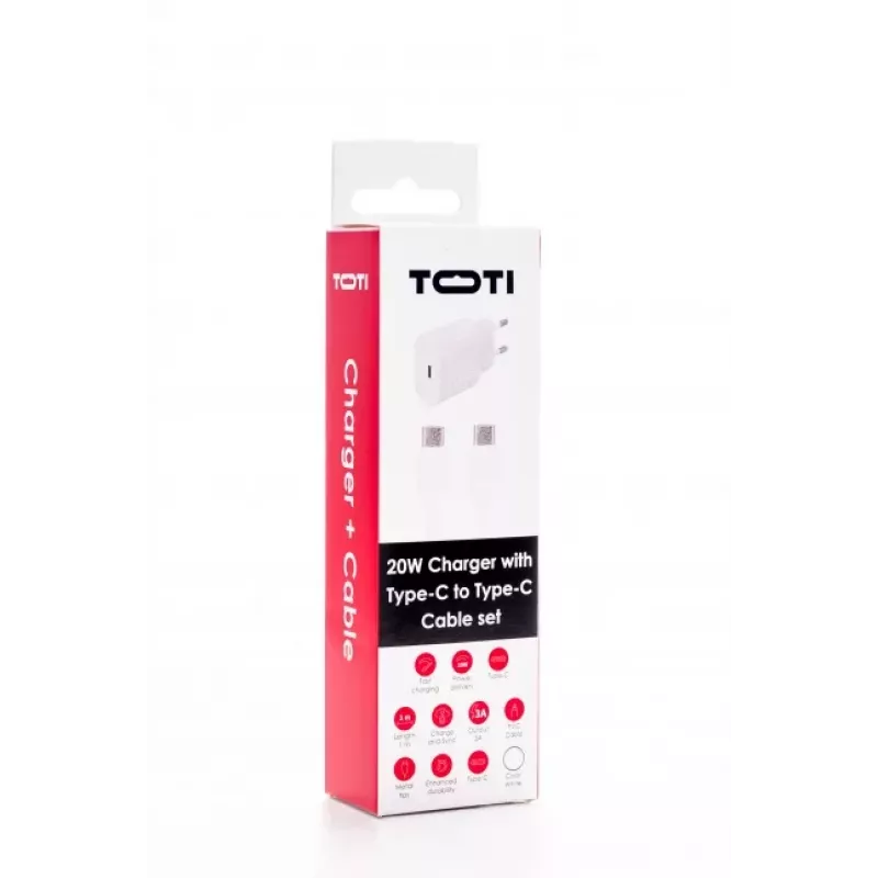 SEEK TOTI 20W Type-C PD sienas ātrais lādētājs ar Type-C uz Type-C, 1 m PVC datu kabeli 3A, balts