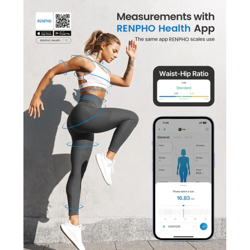 RENPHO viedā mērlente - Bluetooth ķermeņa mērīšanas lente ĶMI, viduklim, gurniem, rokām, kājām, krūtīm - automātiska ievilkšana, LCD displejs, saderīga ar Renpho Health lietotni, Apple Health, Google Fit, Samsung Health - melna