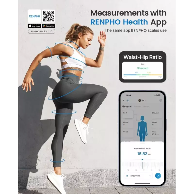 RENPHO viedā mērlente - Bluetooth ķermeņa mērīšanas lente ĶMI, viduklim, gurniem, rokām, kājām, krūtīm - automātiska ievilkšana, LCD displejs, saderīga ar Renpho Health lietotni, Apple Health, Google Fit, Samsung Health - melna