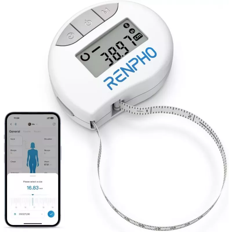 RENPHO viedā mērlente - Bluetooth ķermeņa mērīšanas lente ĶMI, viduklim, gurniem, rokām, kājām, krūtīm - automātiska ievilkšana, LCD displejs, saderīga ar Renpho Health lietotni, Apple Health, Google Fit, Samsung Health - melna