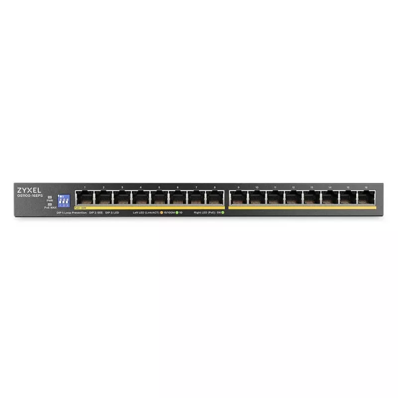 ZyXEL GS1100-16EPS 16-Port Gigabit Unmanaged PoE+ Switch ar 135W budžetu