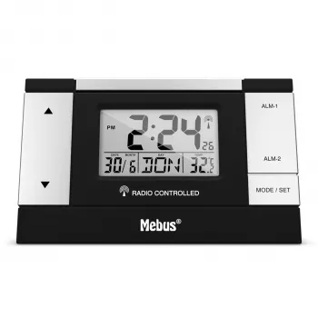 MEBUS 51059 Digitalais modinātājpulkstenis - Melns/Sudrabs - LCD displejs - 12/24h - Uzlādējams akumulators - Micro-USB
