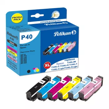 Pelikan P40 saderīga tintes kasetne multipack 6 iepakojums Epson Expression Photo XP-55/XP-750/XP-760/XP-850/XP-950/XP-960 (Melna, Ciāna, Gaiši ciāna, Gaiši fuksīna, Fuksīna, Dzeltena)