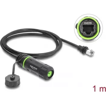 Delock RJ45 spraudnis uz RJ45 ligzdu Cat.6 paneļa montāžas kabelis ar M20 x 1.5 mm vītni un korpusu, saderīgs ar Starlink, melns, 20 cm