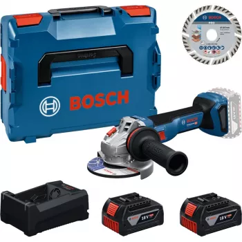 BOSCH Professional Bezvada Leņķa Slīpmašīnas Komplekts 18V 2x5.0Ah ar Griešanas Disku 125mm L-BOXX