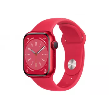 Apple Watch Series 8 (GPS) - (PRODUCT)RED - 41 mm - Sarkans alumīnijs - Viedpulkstenis ar Sporta siksniņu - Fluoroelastomērs - Sarkans - Regulārs siksniņas izmērs - 32GB - Wi-Fi, Bluetooth - 32 g (MNP73FD/A)