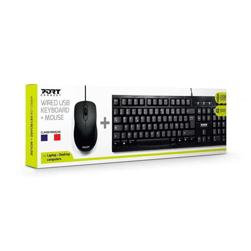 PORT Designs 900900 pilna izmēra vadu USB tastatūras un peles komplekts, AZERTY izkārtojums, melns