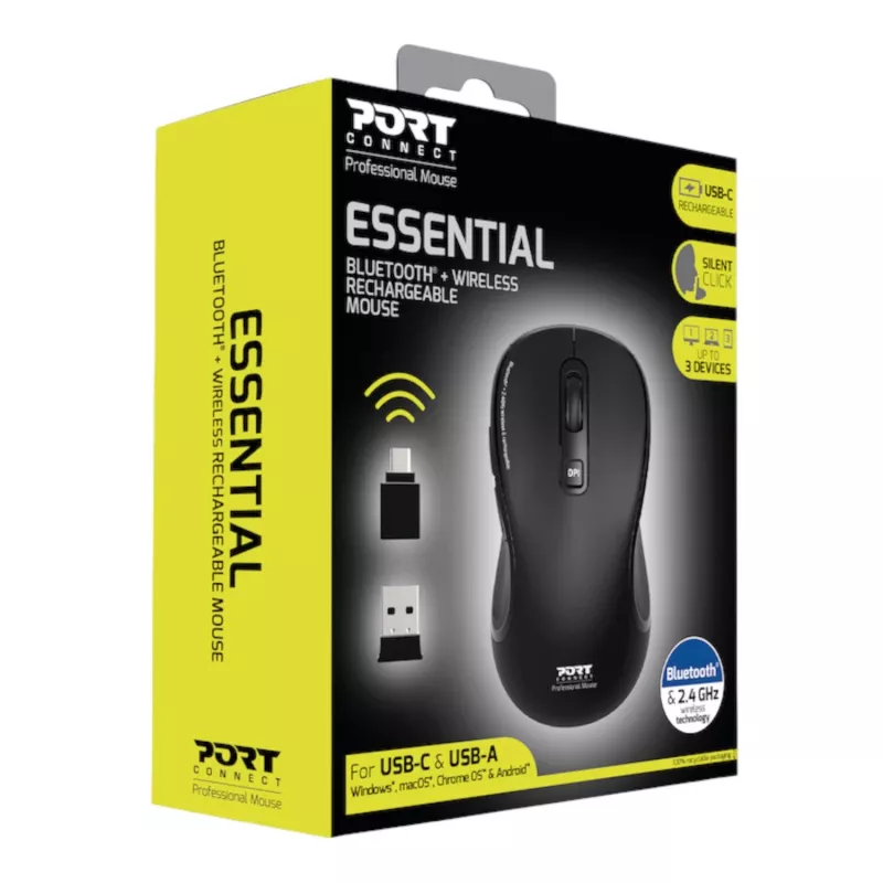 PORT Designs PORT Connect Professional ESSENTIAL Bezvadu optiskā pele - 5 pogas - 2,4 GHz, Bluetooth - USB uztvērējs - Melna