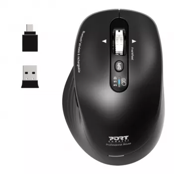 PORT Designs PORT Connect Professional BUSINESS uzlādējama bezvadu pele - optiskā - 6 pogas - 2,4 GHz, Bluetooth - USB uztvērējs - melna