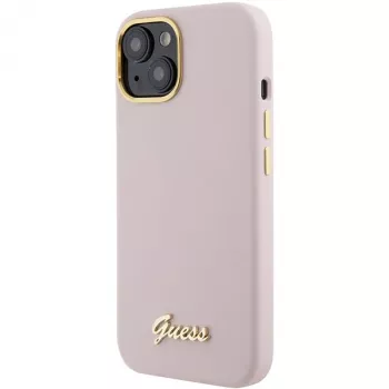 Guess GUHCP15SSMBSLP Silicone Script Metal Logo & Frame Hard Case for Apple iPhone 15 / 14 / 13 6,1 inch - Pink