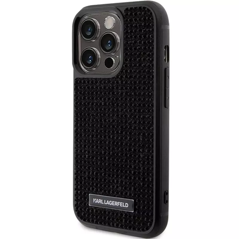 Karl Lagerfeld KLHCP15LHDSPLK Cietais maciņš iPhone 15 Pro 6.1 inch Melns ar rhinestone logotipu un metāla plāksni