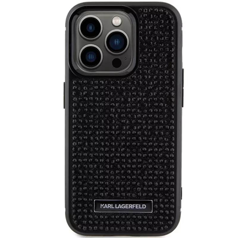 Karl Lagerfeld KLHCP15LHDSPLK Cietais maciņš iPhone 15 Pro 6.1 inch Melns ar rhinestone logotipu un metāla plāksni