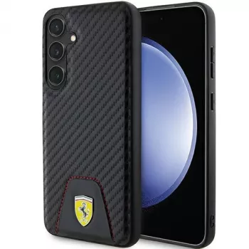 Ferrari FEHCS24MN3PUK cietais maciņš Samsung Galaxy S24+ (SM-S926) - oglekļa šķiedras raksts, šūta ādas apakšdaļa - melns