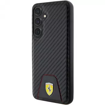 Ferrari FEHCS24MN3PUK cietais maciņš Samsung Galaxy S24+ (SM-S926) - oglekļa šķiedras raksts, šūta ādas apakšdaļa - melns