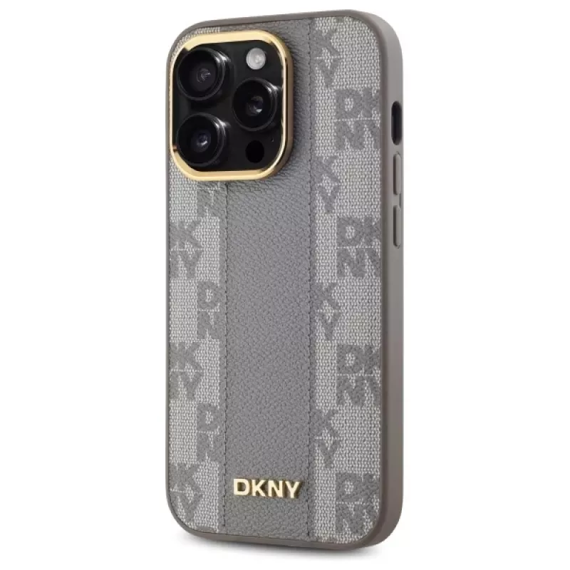 DKNY DKHMP14LPCPVSLE Cietais ādas vāciņš Checkered Mono Pattern MagSafe iPhone 14 Pro 6.1 Bēšs