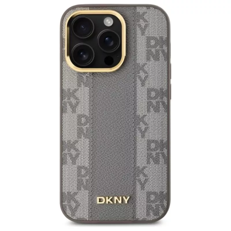 DKNY DKHMP14LPCPVSLE Cietais ādas vāciņš Checkered Mono Pattern MagSafe iPhone 14 Pro 6.1 Bēšs