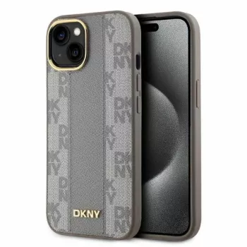 DKNY DKHMP15SPCPVSLE iPhone 15 6,1 inch Bēšs Cietais ādas maciņš Rūtains Mono Raksts MagSafe