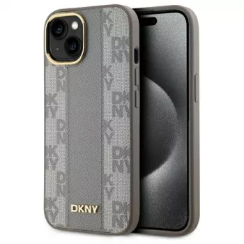 DKNY DKHMP15MPCPVSLE iPhone 15 Plus 6,7 inch Bēšs ādas cietais vāciņš ar rūtainu monorakstu un MagSafe