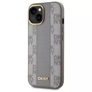 DKNY DKHMP15MPCPVSLE iPhone 15 Plus 6,7 inch Bēšs ādas cietais vāciņš ar rūtainu monorakstu un MagSafe