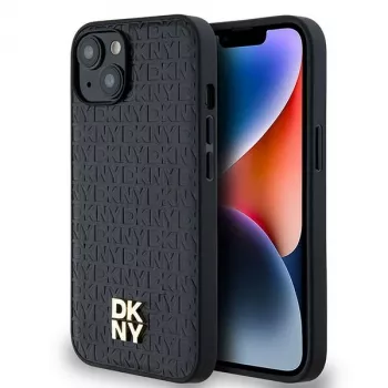 DKNY DKHMP14SPSHRPSK Cietais vāciņš Āda Monogrammas Raksts Metāla Logotips MagSafe iPhone 13/14/15, Melns