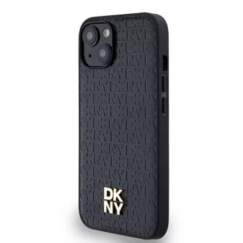 DKNY DKHMP14SPSHRPSK Cietais vāciņš Āda Monogrammas Raksts Metāla Logotips MagSafe iPhone 13/14/15, Melns