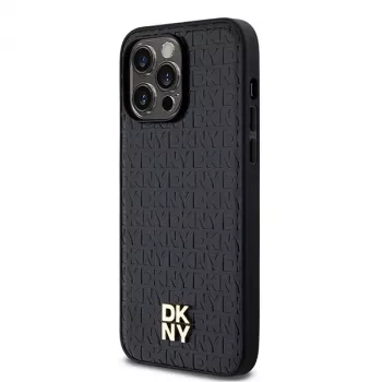 DKNY DKHMP14LPSHRPSK Cietais vāciņš Apple iPhone 14 Pro 6,1 inch Melns Ādas raksts Metāla logotips MagSafe