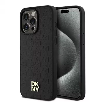 DKNY DKHMP15XPSHRPSK Cietais maciņš iPhone 15 Pro Max 6,7 inch Melna āda Monogrammas raksts Metāla logotips MagSafe