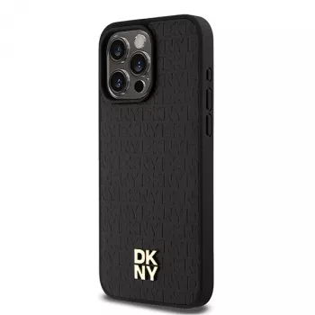 DKNY DKHMP15XPSHRPSK Cietais maciņš iPhone 15 Pro Max 6,7 inch Melna āda Monogrammas raksts Metāla logotips MagSafe