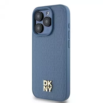 DKNY DKHMP15LPSHRPSB iPhone 15 Pro 6.1 Blue Hardcase Leather Monogram Pattern Metal Logo MagSafe