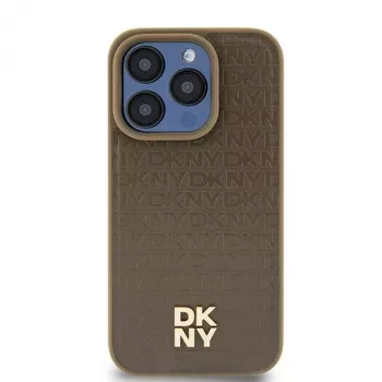 DKNY DKHMP14SPSHRPSW Cietais maciņš iPhone 14/15/13, Brūns ādas raksts ar metāla logotipu, MagSafe