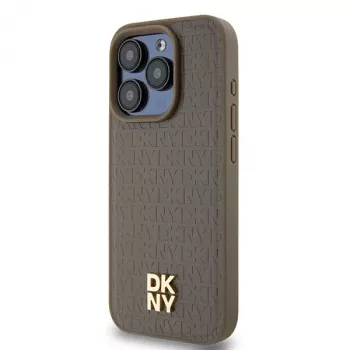 DKNY DKHMP14LPSHRPSW Cietais maciņš Apple iPhone 14 Pro 6,1 inch Brūns Ādas raksts ar Metāla logotipu MagSafe