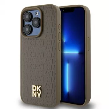 DKNY DKHMP14XPSHRPSW Cietais vāciņš iPhone 14 Pro Max 6,7 inch Brūns Ādas raksts ar Metāla logotipu MagSafe