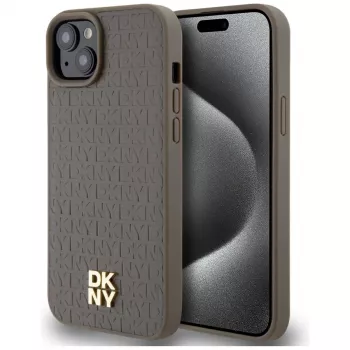 DKNY DKHMP15MPSHRPSW Cietais maciņš ar ādas rakstu un metāla logotipu, MagSafe saderīgs, iPhone 15 Plus / 14 Plus 6,7 inch Brūns