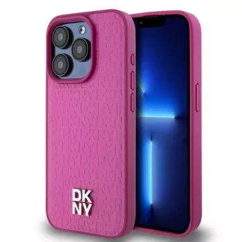 DKNY DKHMP15LPSHRPSP iPhone 15 Pro 6,1 inch Pink Leather Hard Case ar Monogram rakstu un Metāla logotipu, MagSafe saderīgs