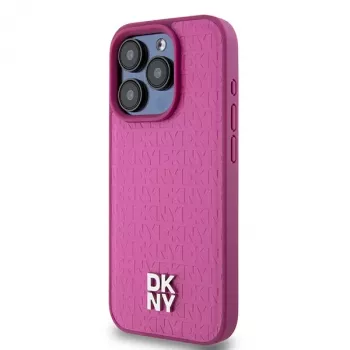 DKNY DKHMP15LPSHRPSP iPhone 15 Pro 6,1 inch Pink Leather Hard Case ar Monogram rakstu un Metāla logotipu, MagSafe saderīgs