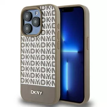 DKNY DKHMP15LPSOSPW iPhone 15 Pro 6,1 inch cietais ādas korpuss ar drukātu rakstu brūnā krāsā ar metāla logotipu un MagSafe