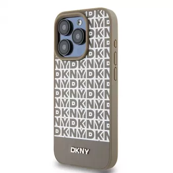DKNY DKHMP15LPSOSPW iPhone 15 Pro 6,1 inch cietais ādas korpuss ar drukātu rakstu brūnā krāsā ar metāla logotipu un MagSafe