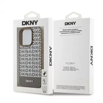 DKNY DKHMP15XPSOSPW Cietais maciņš no ādas ar apdrukātu rakstu un metāla logotipu, MagSafe saderīgs iPhone 15 Pro Max 6,7 inch Brūns