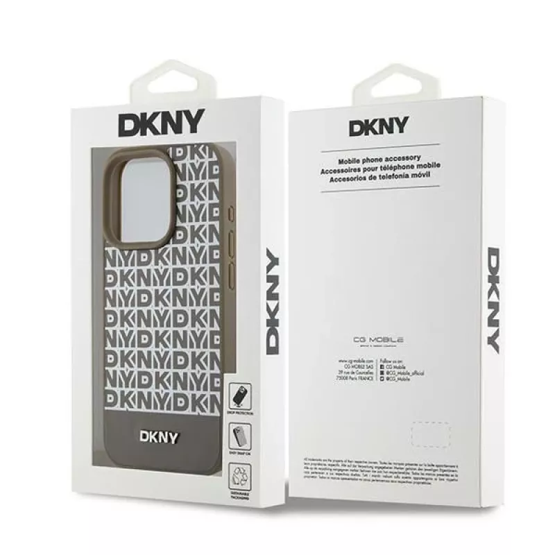DKNY DKHMP15XPSOSPW Cietais maciņš no ādas ar apdrukātu rakstu un metāla logotipu, MagSafe saderīgs iPhone 15 Pro Max 6,7 inch Brūns