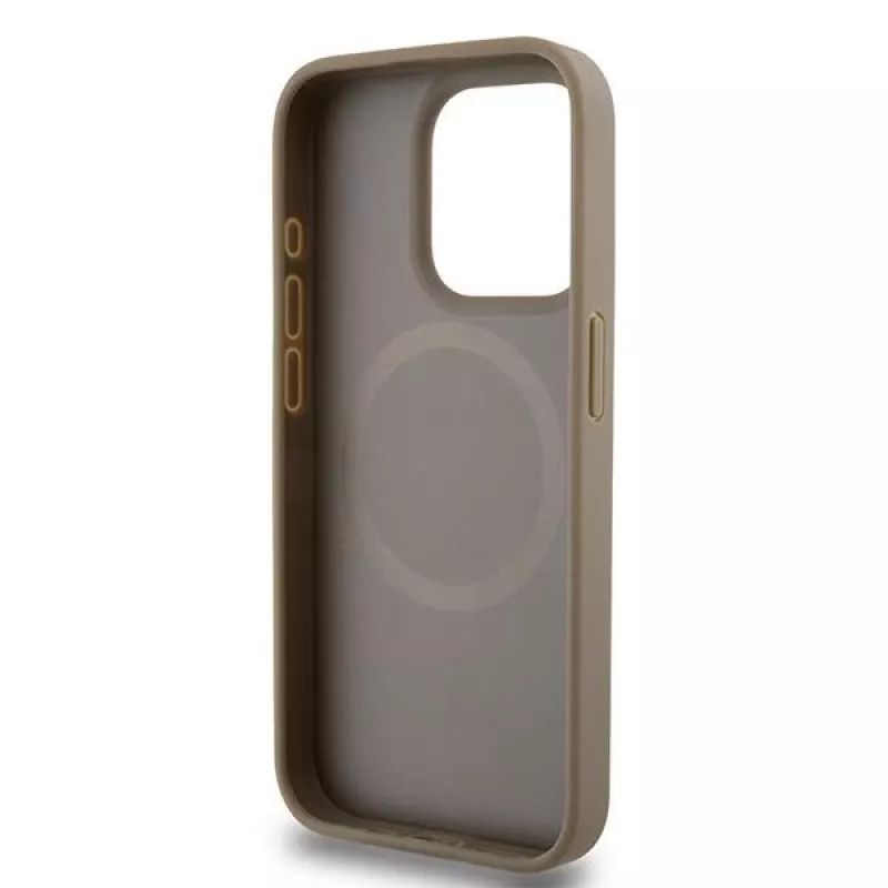 DKNY DKHMP15XPSOSPW Cietais maciņš no ādas ar apdrukātu rakstu un metāla logotipu, MagSafe saderīgs iPhone 15 Pro Max 6,7 inch Brūns