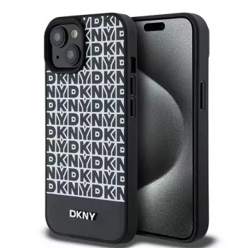 DKNY DKHMP15SPSOSPK Cietais maciņš Apple iPhone 15 / 14 / 13 6,1 collu Melna āda ar drukātu rakstu un metāla logotipu MagSafe