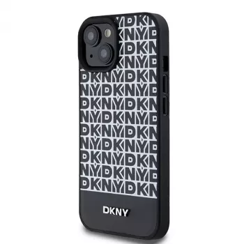 DKNY DKHMP15SPSOSPK Cietais maciņš Apple iPhone 15 / 14 / 13 6,1 collu Melna āda ar drukātu rakstu un metāla logotipu MagSafe