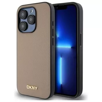 DKNY DKHMP15LPGHLME Cietais vāciņš iPhone 15 Pro 6,1 inch bēšā krāsā ar graudainu metāla logotipu un MagSafe