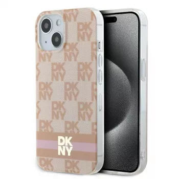 DKNY DKHMP15SHCPTSP Cietais maciņš iPhone 15 / 14 / 13 6,1 inch Rozā rūtains mono raksts un drukātas svītras MagSafe