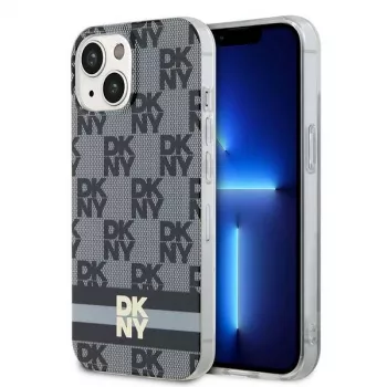 DKNY DKHMP14SHCPTSK Cietais maciņš iPhone 14/15, rūtains monoraksts un drukātas svītras, melns, MagSafe